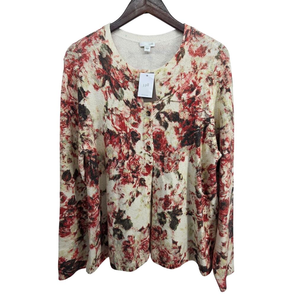 NWT J. Jill Cardigan Style Floral Sweater Cranberry Size Large